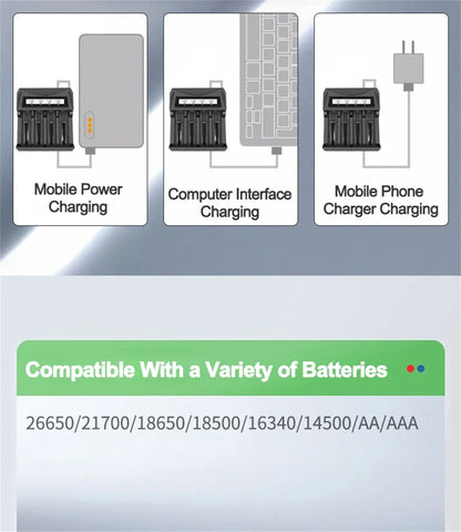 Intelligent LCD Battery USB Charger - 1/2/4 Slots for 18650 4.2V Li-ion & 1.2V Ni-MH AA/AAA Rechargeable Batteries