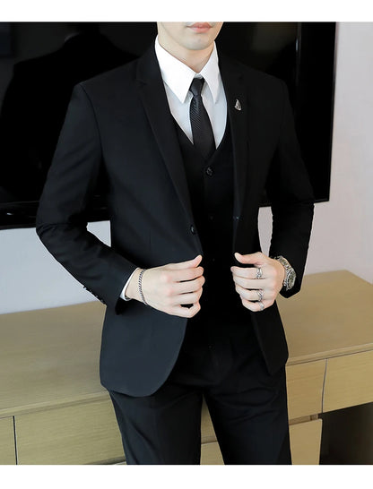 High-End Men's Wedding Suit 3-Piece Set Handsome Banquet Smart Casual Fashionable Three-Quarter Length Vest Trousers Four Season