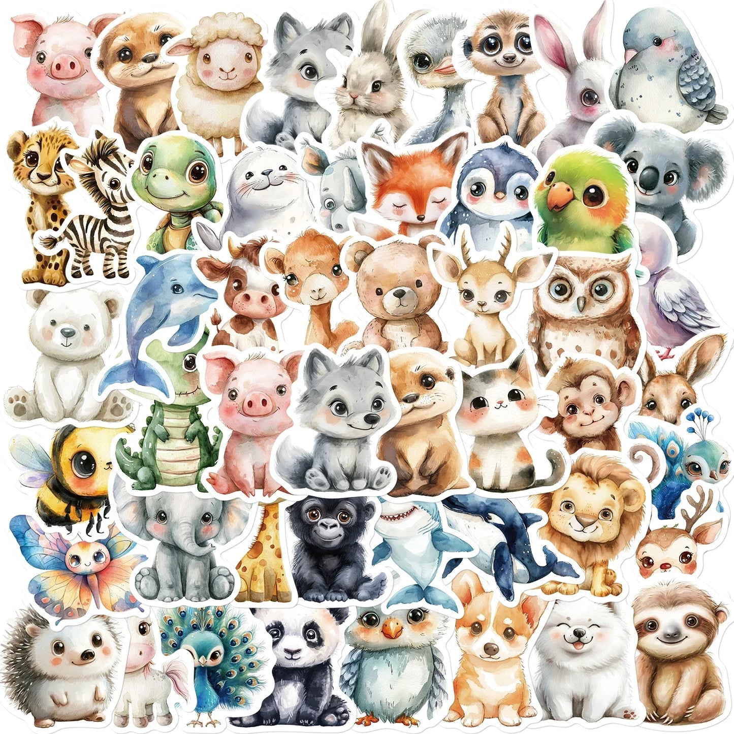 50PCS Watercolor Animal Stickers Cute Handbag Material Phone Case Laptop Water Cup Luggage Waterproof Stickers