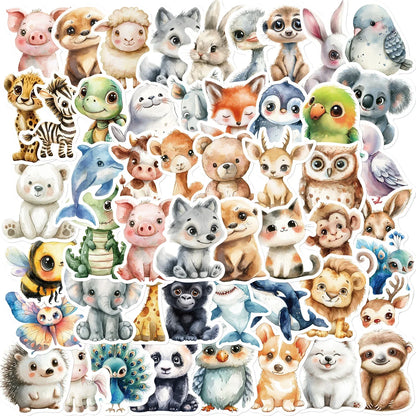 50PCS Watercolor Animal Stickers Cute Handbag Material Phone Case Laptop Water Cup Luggage Waterproof Stickers