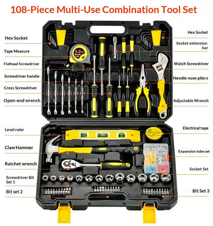 108 Pcs/set Socket Wrench Auto Repair Tool Combination Package Mixed Tool Set Hand Tool Kit with Plastic Toolbox Storage Case