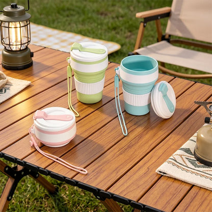 Collapsible Silicone Travel Cup, Reusable Foldable Water Cup with Lid and Lanyard, Portable Lightweight Drinking Mug for Camping