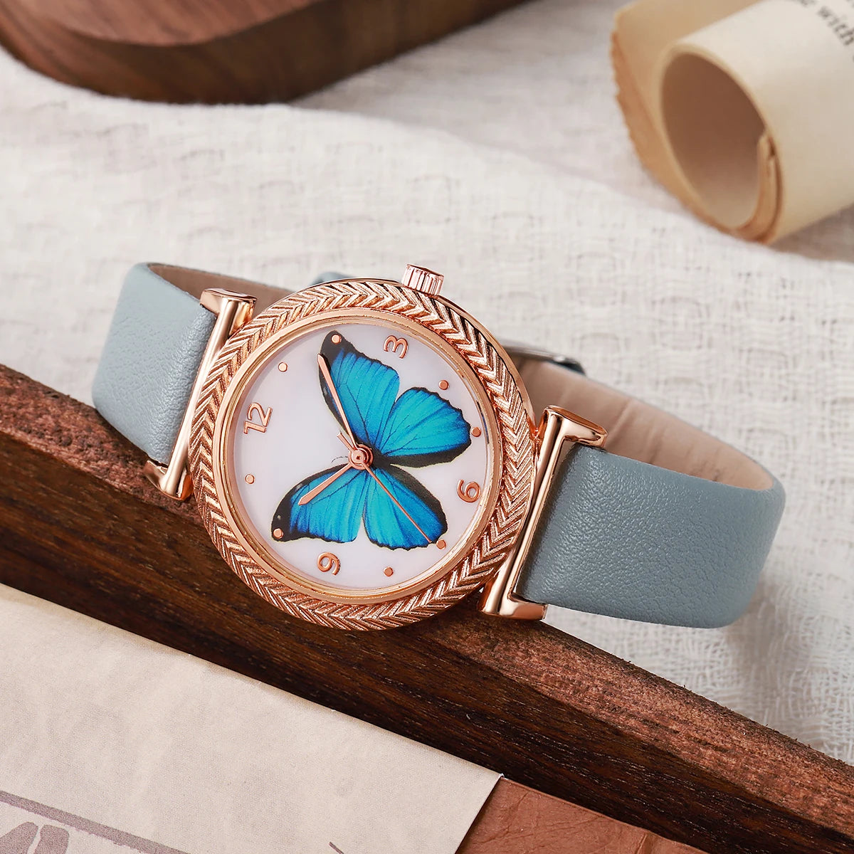 Dreamy Blue Butterfly Watch Jewelry Set | Grey Leather Strap | Pearl & Crystal Accents | 3-Piece Gift Set for Women