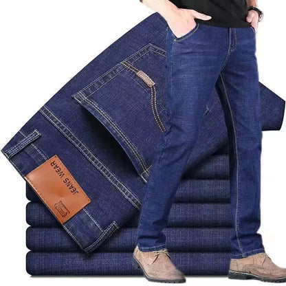 2024 Summer Thin Men's Elastic Cotton Jeans Fashion Gray Comfortable Business Straight Casual Pants High Quality Brand Trousers