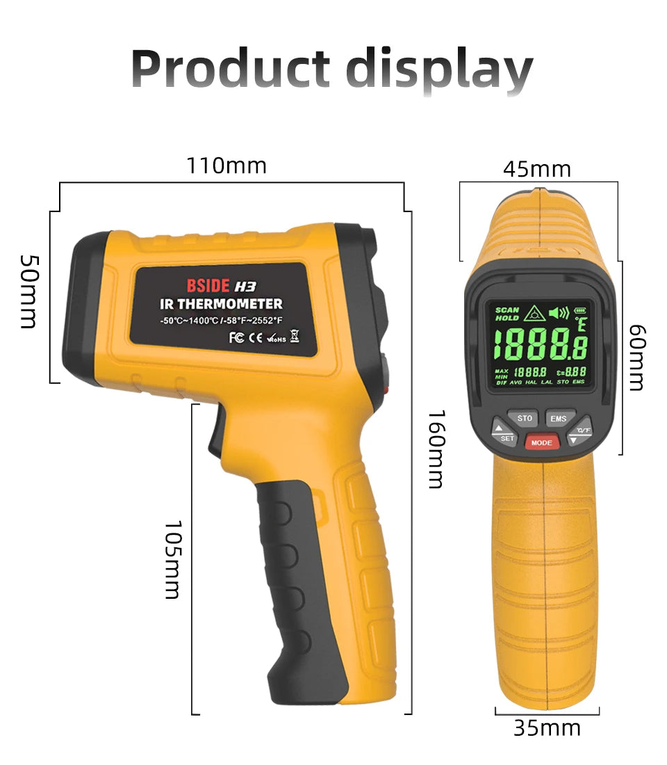 BSIDE H3 Infrared Thermometer Gun -50~1400°C Handheld Digital Laser Industrial Non Contact Temperature meter Measuring Tester