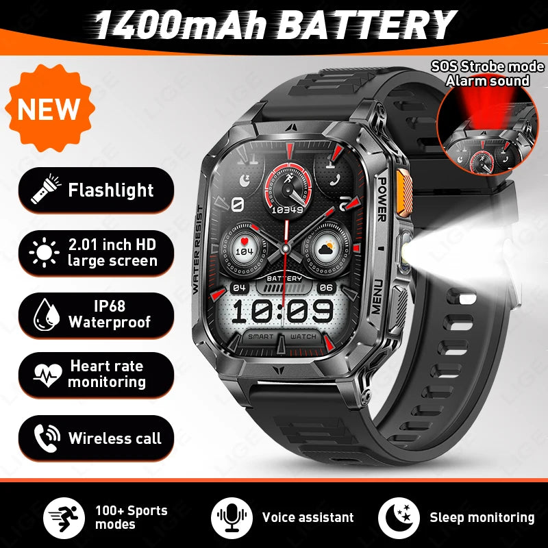 LIGE 2026 Military Grade 1400mAh Battery Smart Watch Men 2.01" HD Screen IP68 Waterproof Sport Fitness Bluetooth Call Smartwatch