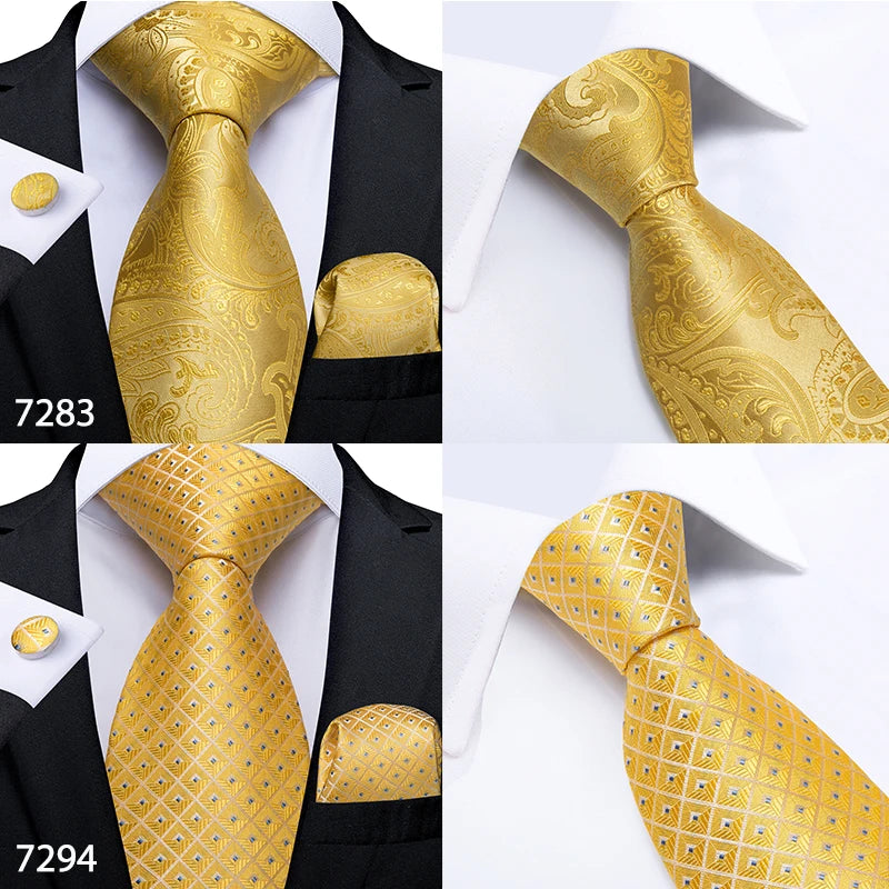 Fashion Men Tie Luxury Gold Black Dot Striped Paisley Silk Wedding Tie For Men DiBanGu Designer Hanky Cufflinks Gift Tie Set