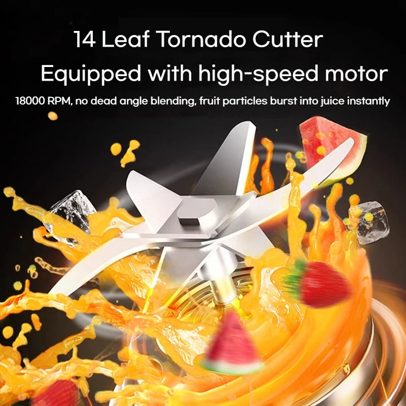 Upgraded Wireless Juicer with 14-Blade 304 Stainless Steel Blades, Smart Battery Display, Portable Juicing Cup
