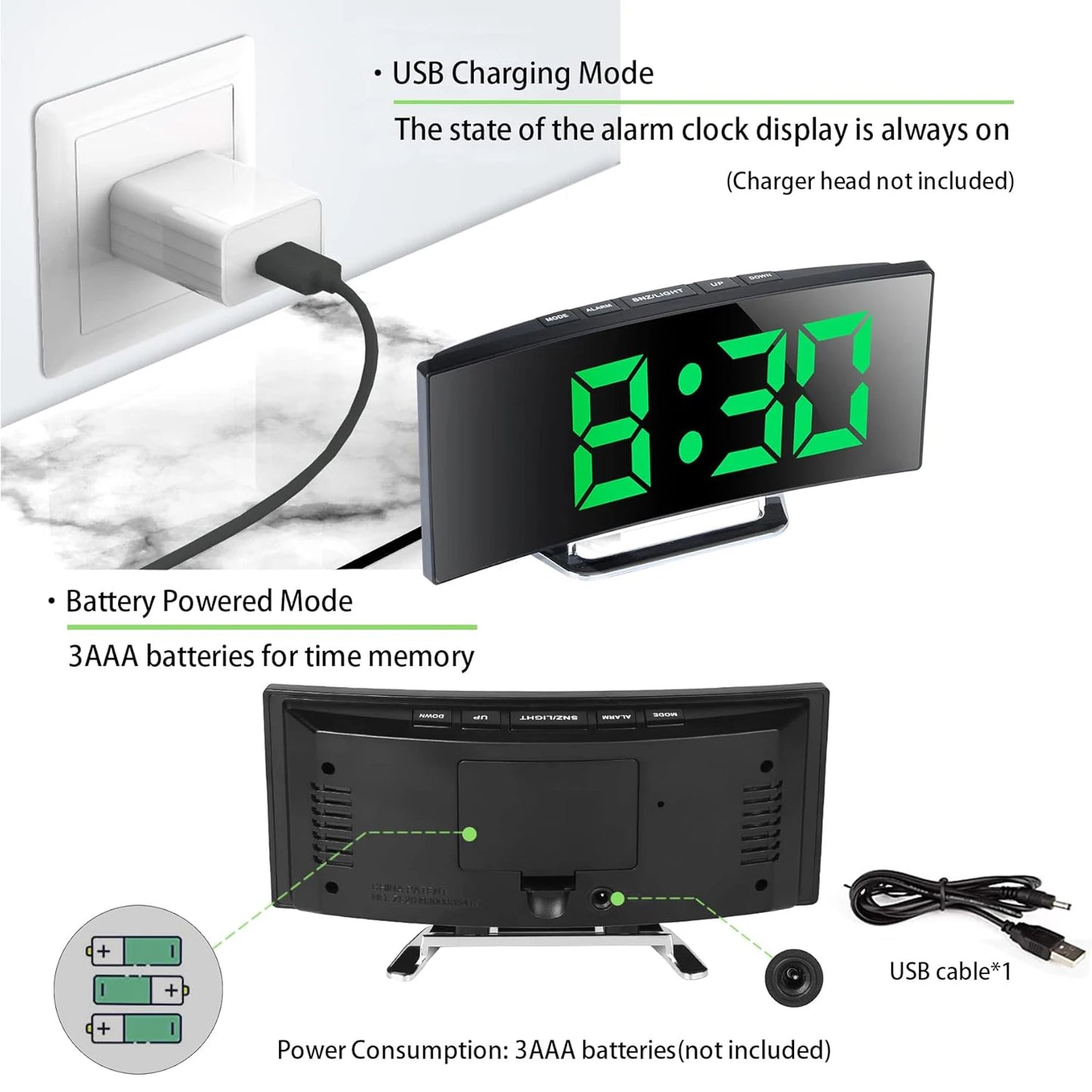 LED Alarm Clock 7'' Mirror Electronic Clock Large Scree Curved Digital Alarm Clock with 5-Min Snooze for Home Bedroom Office