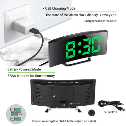 LED Alarm Clock 7'' Mirror Electronic Clock Large Scree Curved Digital Alarm Clock with 5-Min Snooze for Home Bedroom Office