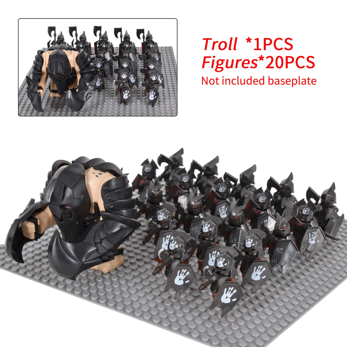 Medieval Battle Scene Building Blocks Beige Giant Troll Beast-Drawn Chariot 10 Warrior Bricks Figures MOC Collectible Model Toy