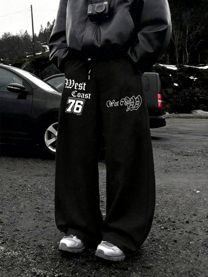 Men Wide Leg West Coast 76 Double Side Print Sweatpants 100% Polyester Gothic Baggy Y2K Drawstring Casual Jogger Pants