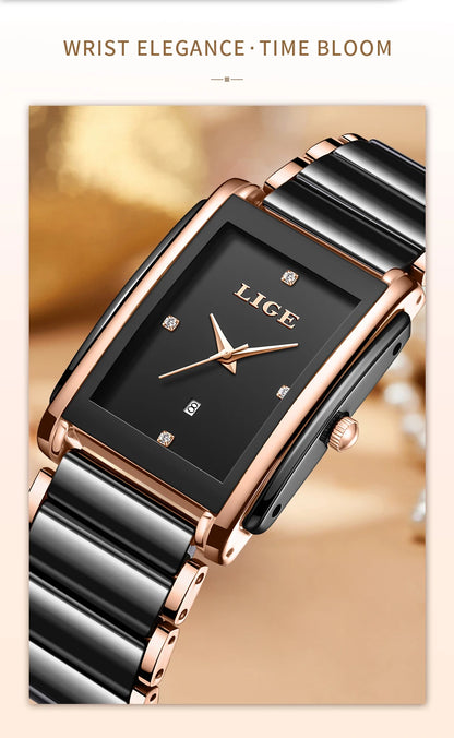 LIGE Creative Square Watch For Women Fashion Elegant Women's Bracelet Watch Stainless Steel Waterproof Date Quartz Wristwatches