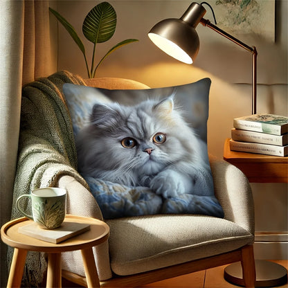 Realistic Cat Pillowcase, Fluffy Persian Cat Cushion Cover, Animal Portrait Art, Cozy Home Decor for Living Room Bedroom