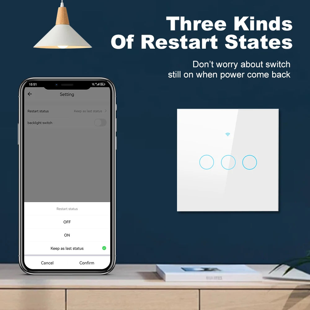 Tuya Smart Wifi Light Switch No Neutral Wire Touch Panel EU 1/2/3 Gang Wall Switch Wireless Control Voice Control Alexa Google