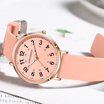 LIGE New Fashion Women's wristwatch Ultra-Thin Quartz Watches for Woman Waterproof Luminous Silicone Ladies Watches Pink Clock