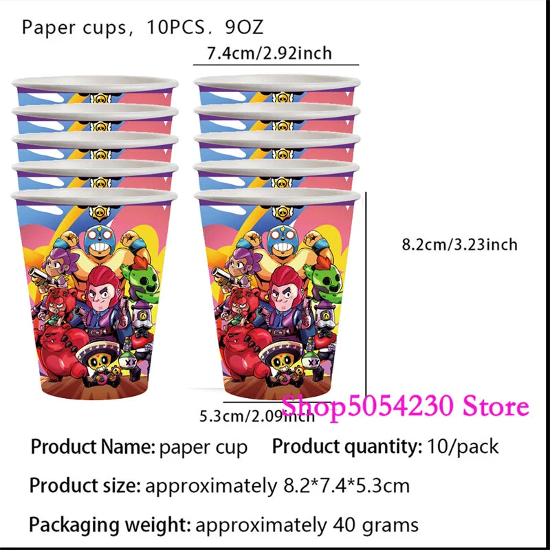 Brawl Stars Happy Birthday Party Supplies Set Cartoon Game Theme Tableware, Paper Plates & Backdrop Decorations for Celebrations