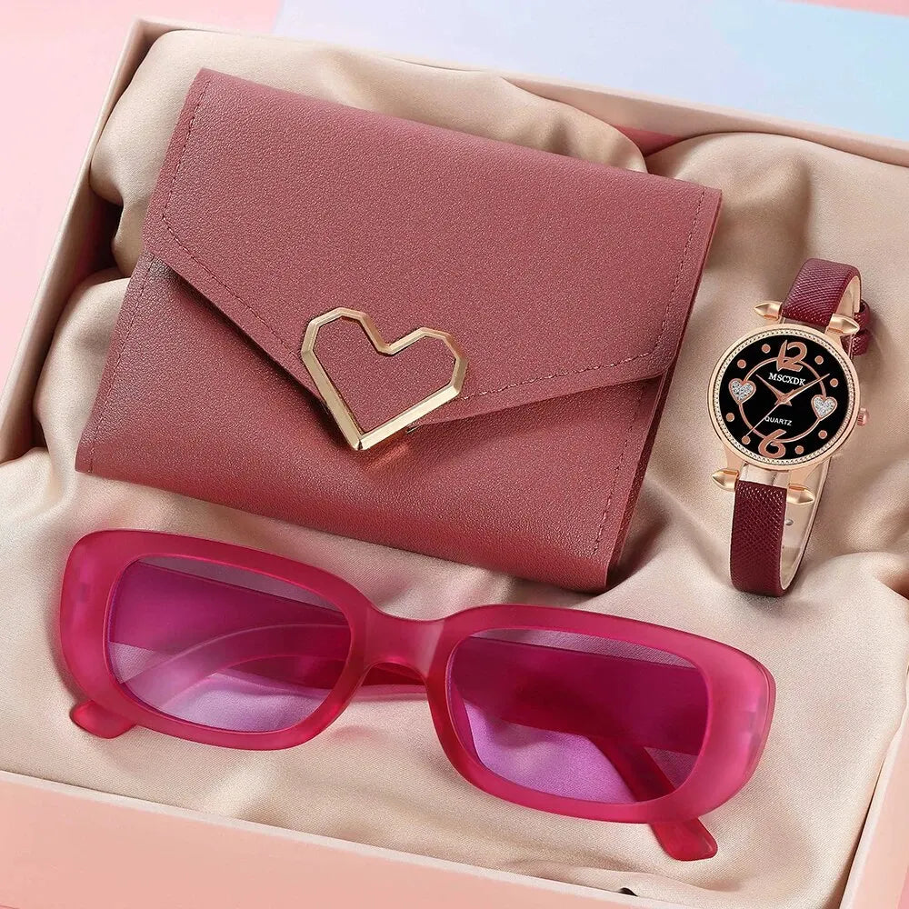 Women Fashion Leather Belt Watches & Simple Heart Wallet Glasses Sunglasses Set Ladies Quartz Wristwatches Dress Montre Femme