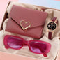 Women Fashion Leather Belt Watches & Simple Heart Wallet Glasses Sunglasses Set Ladies Quartz Wristwatches Dress Montre Femme