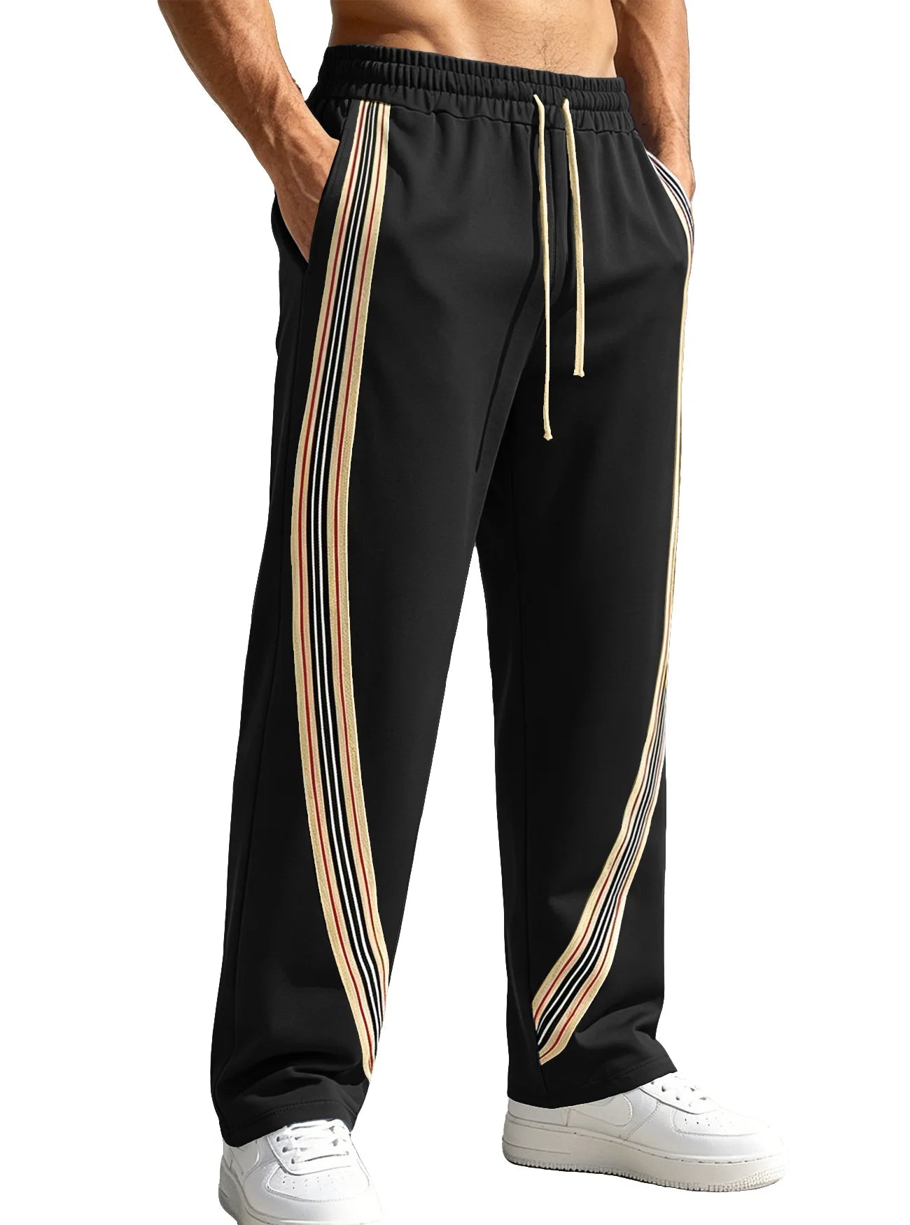 Men Striped Side Track Pants Elastic Drawstring Waist Sweatpants Straight Leg Joggers Streetwear Loose Sport Pants Daily Workout