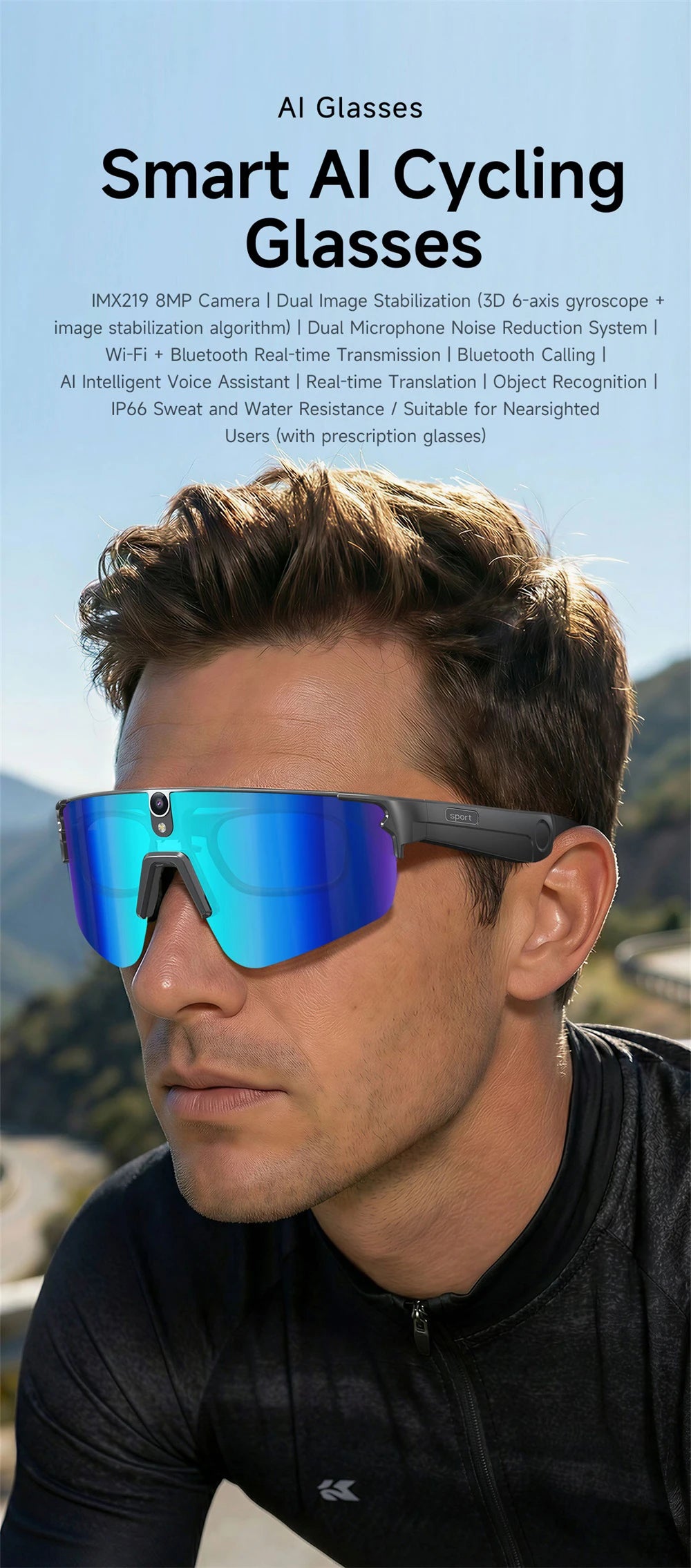 Inteligentne okulary rowerowe AI 4K HD z kamerą 800W, połączenia Bluetooth, tłumaczenie, stabilizacja obrazu, przeciwsłoneczne, dla mężczyzn i kobiet, anty-UV, wodoodporne, muzyka
