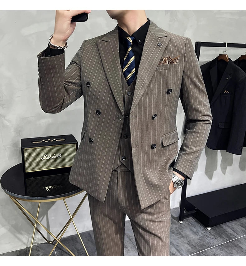 Slim Fit Double-breasted Striped Suit Vest Trousers 3-Piece Set Korean Fashion M-7XL Men's Fashionable Striped Three-piece Suit