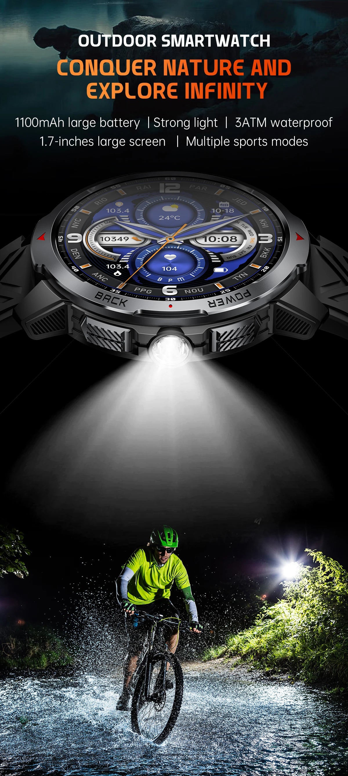 LIGE 1100mAh Military Outdoor Smart Watch Men 1.7" Large Display Compass Sports Watch IP68 Waterproof Bluetooth Call Smartwatch