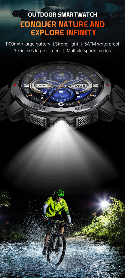 LIGE 1100mAh Military Outdoor Smart Watch Men 1.7" Large Display Compass Sports Watch IP68 Waterproof Bluetooth Call Smartwatch