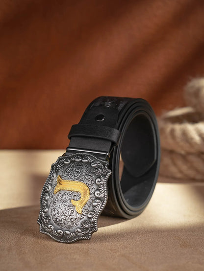 Western Cowboy PU Leather Belt - Men Waist Strap Bull Decoration Floral Engraved for Jeans