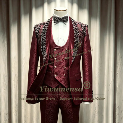 Double Breasted 2 Pieces Wedding Attire Slim Fit Separates Mix Match Luxury Beaded Lapel Suits for Men Stage Formal Groom Tuxedo