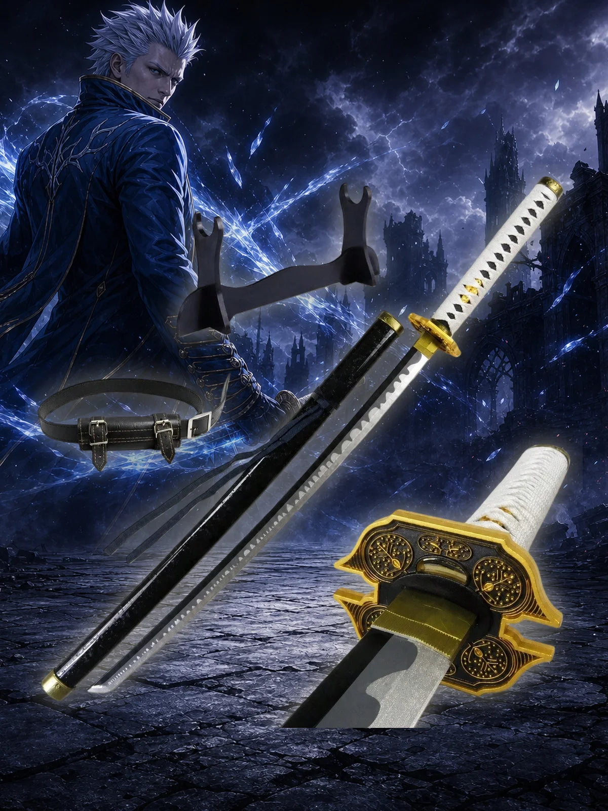 40inch 101cm Katana Sword Devil May Cry Vergil Yamato Wood Bamboo Blade Anime Cosplay Costume Prop Belt Holster Stand Holder Samurai Ninja Katana Wooden Sword Sabre Schwert Manga Game Cosplay Katana Toy Gift Collection Displa