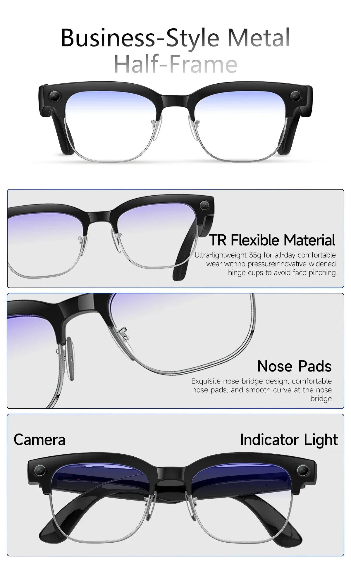 New AI Smart Glasses, 800W Camera Video Recording, AI Photo Recognition, Bluetooth Call & Voice Translation Eyewear