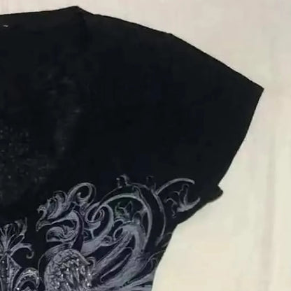 Y2k Clothes Punk Crop Top Aesthetics Hot Girl Grunge 90s Harajuku V-neck Streetwear Short Sleeve Goth Slim T-shirt Cross Graphic