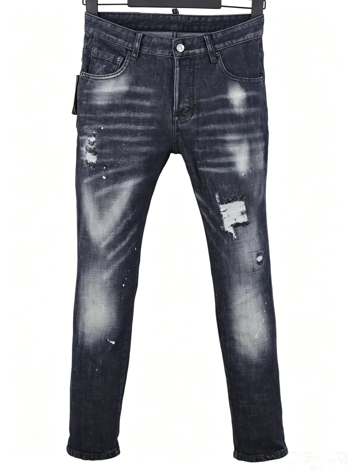 6060 Four Seasons New Men's Washed Ripped Patch Old Slim-fit Straight Black Jeans for Men