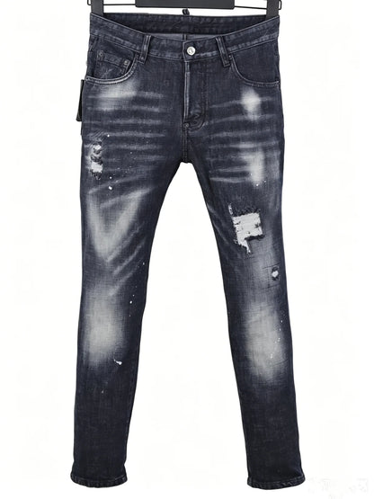 6060 Four Seasons New Men's Washed Ripped Patch Old Slim-fit Straight Black Jeans for Men