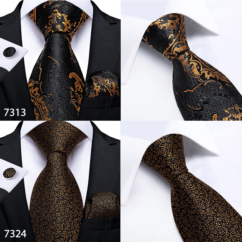 Fashion Men Tie Luxury Gold Black Dot Striped Paisley Silk Wedding Tie For Men DiBanGu Designer Hanky Cufflinks Gift Tie Set