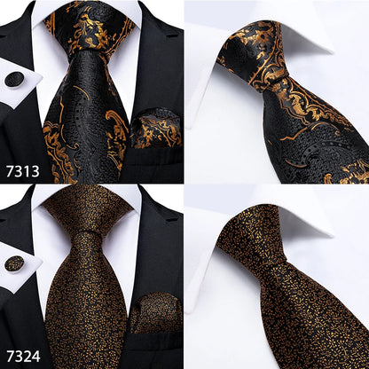 Fashion Men Tie Luxury Gold Black Dot Striped Paisley Silk Wedding Tie For Men DiBanGu Designer Hanky Cufflinks Gift Tie Set
