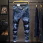 American Elastic Straight Jeans Men Ripped Worn-out Slim-fit Cotton Denim Pants Korean Style Fashion Blue Black Men's Clothing