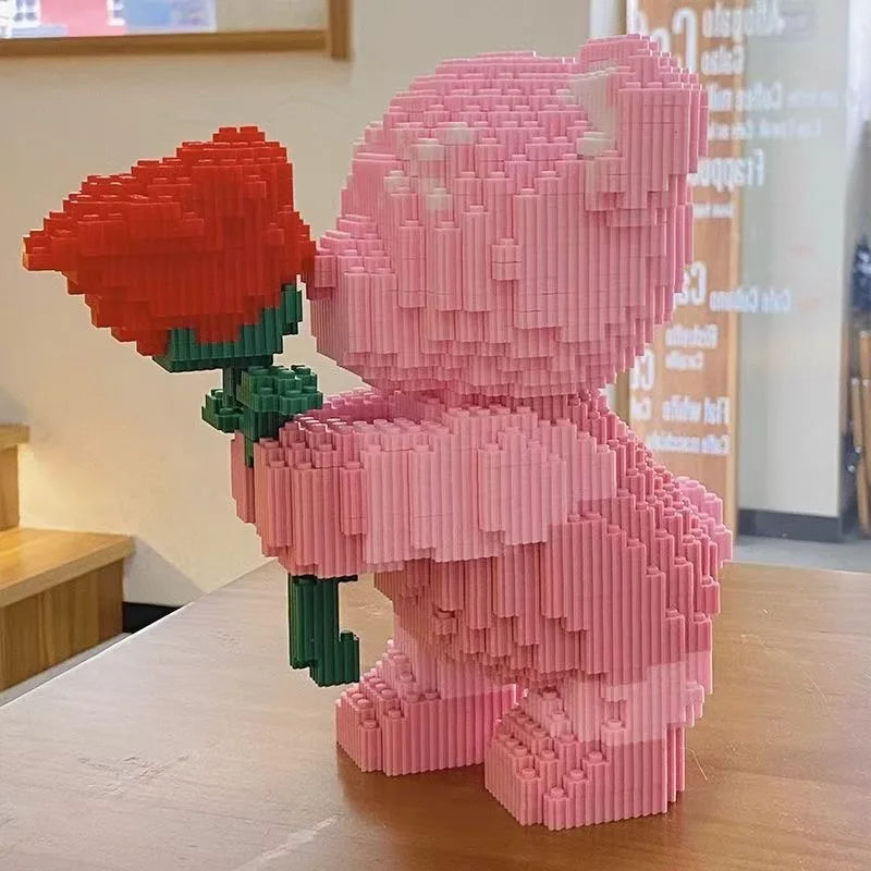 Cute Cartoon Pink Flower Teddy Bear Building Block Toy Educational Toy for Kids Couple Gift Desktop Decorations