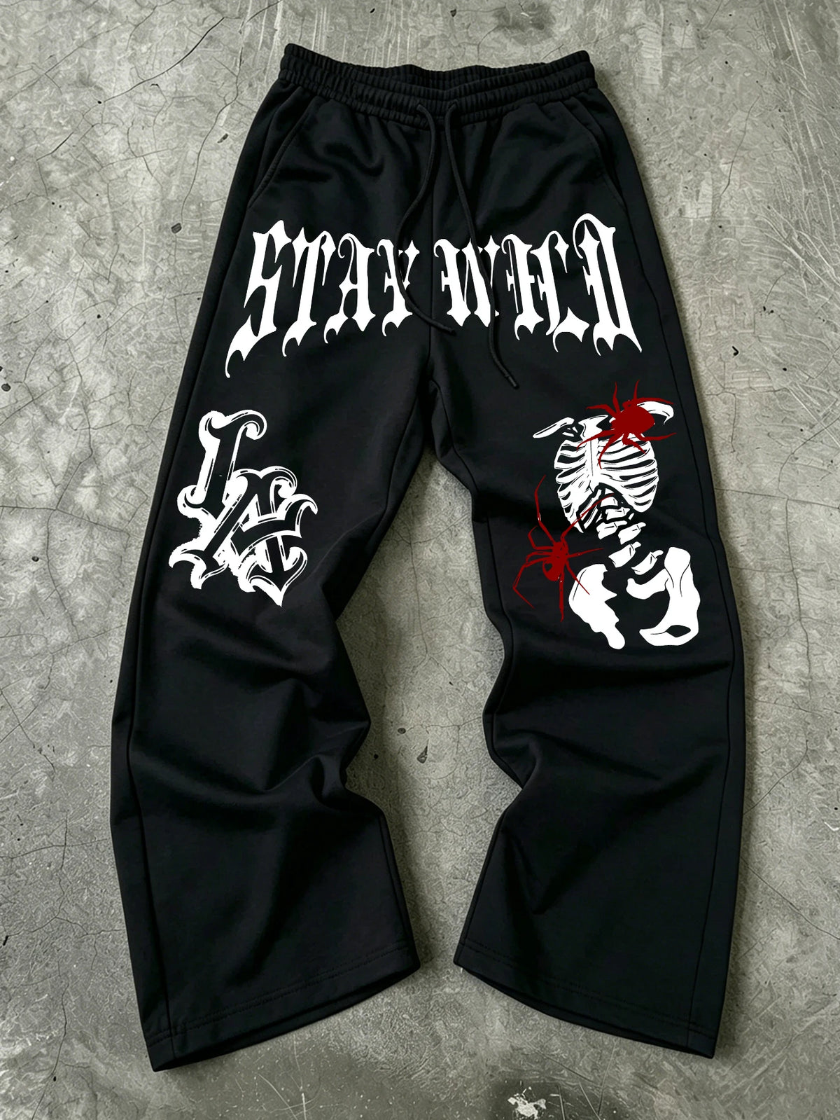 Men Wide Leg LA Skeleton Spider Sweatpants 100% Polyester Stay Wild Gothic Print Baggy Y2K Drawstring Casual Jogger Pants