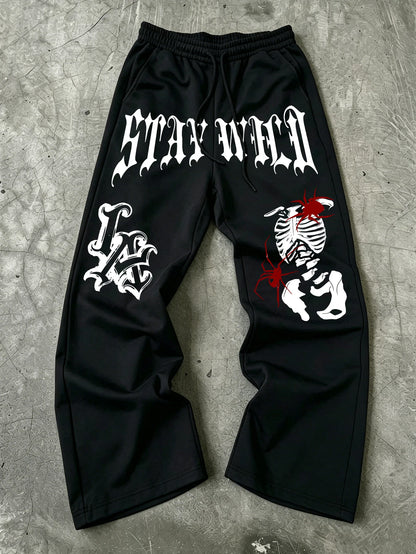 Men Wide Leg LA Skeleton Spider Sweatpants 100% Polyester Stay Wild Gothic Print Baggy Y2K Drawstring Casual Jogger Pants