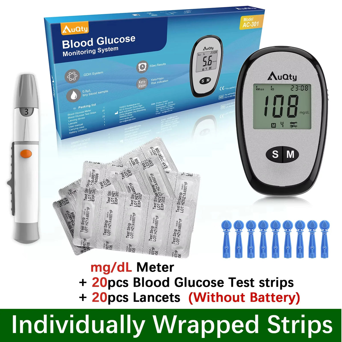 Blood Glucose Meter With Individually Wrapped Glucose Test Strip Glucometer Kit Blood Sugar Monitor for Diabetes Fast Result