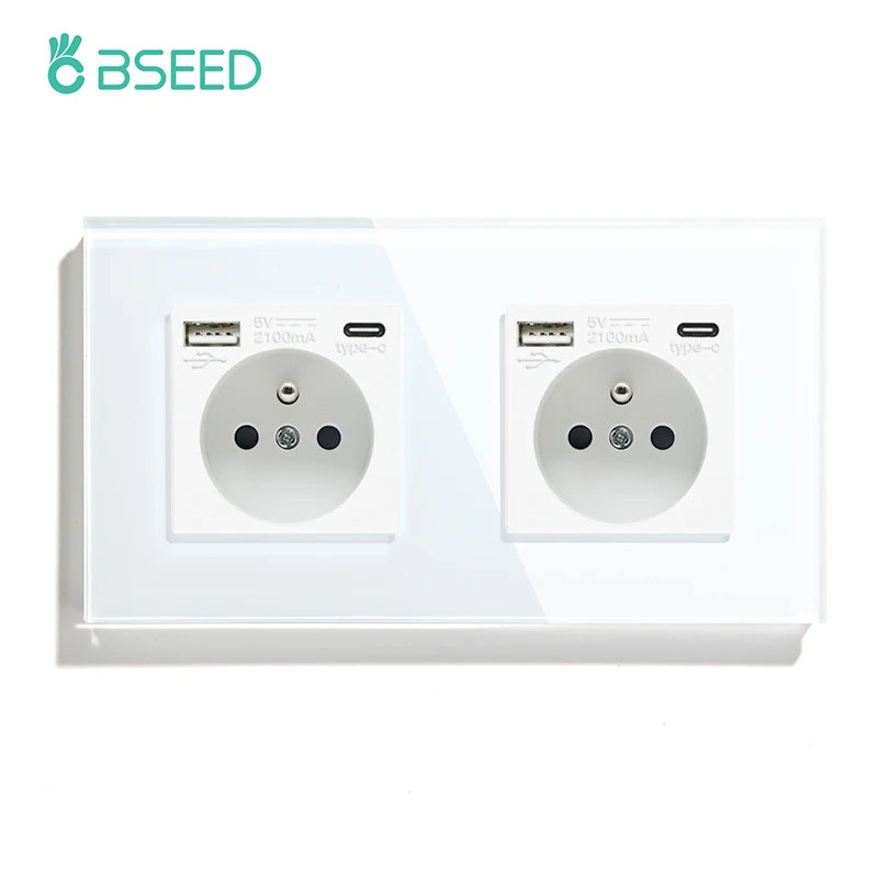 BSEED France Standard Single Wall French Socket Double Power Plug With White Black Gloden Crystal Glass Panel 16A 110V-250V
