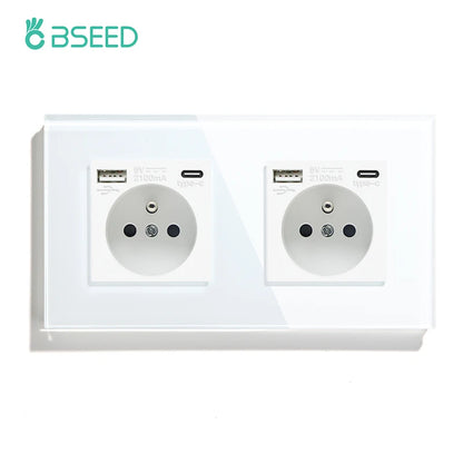 BSEED France Standard Single Wall French Socket Double Power Plug With White Black Gloden Crystal Glass Panel 16A 110V-250V