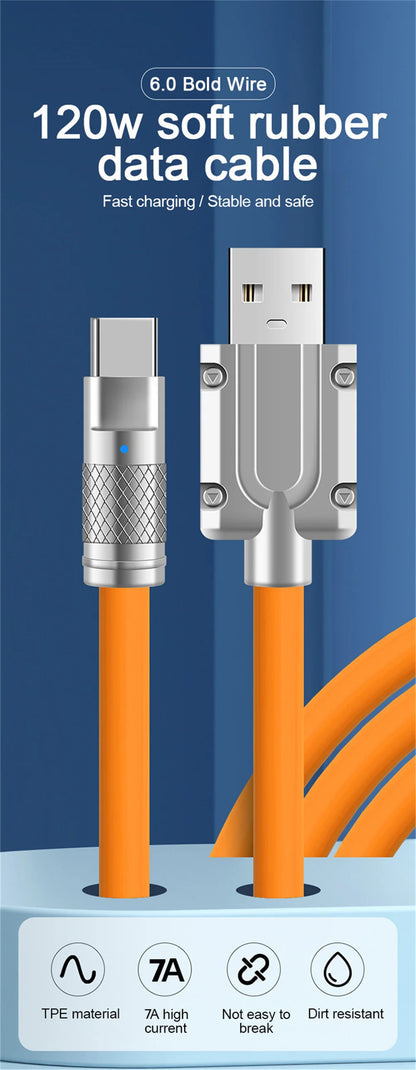 10PCS 120W Super Fast Charge Type-C Liquid Silicone Cable Quick Charge USB Lines For Xiaomi Huawei Samsung USB Phone Data Wire