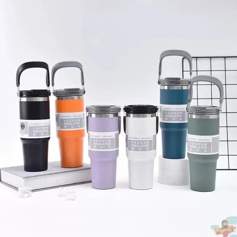 Stainless Coffee Mug with Straw Thermal Water Cups Insulated Car Drinkware