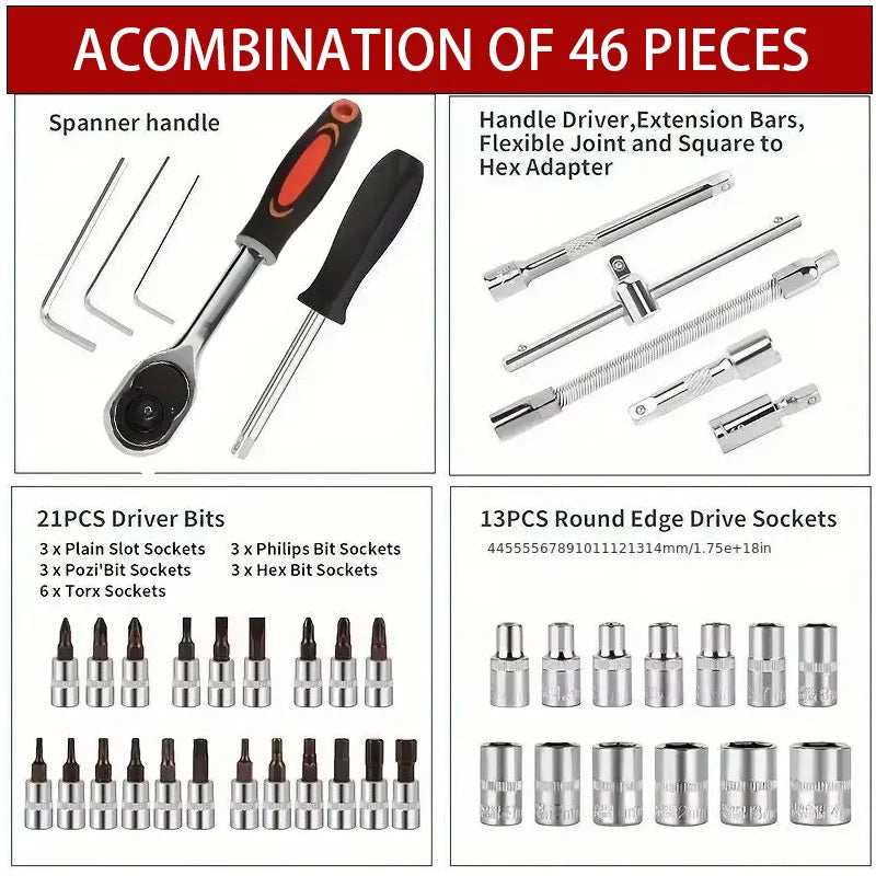 46pcs Family Tools 1/4 Inch Drive Socket Ratchet Wrench Set Complete Car Repair Kit for Motorcycle and Bicycle Maintenance Tools