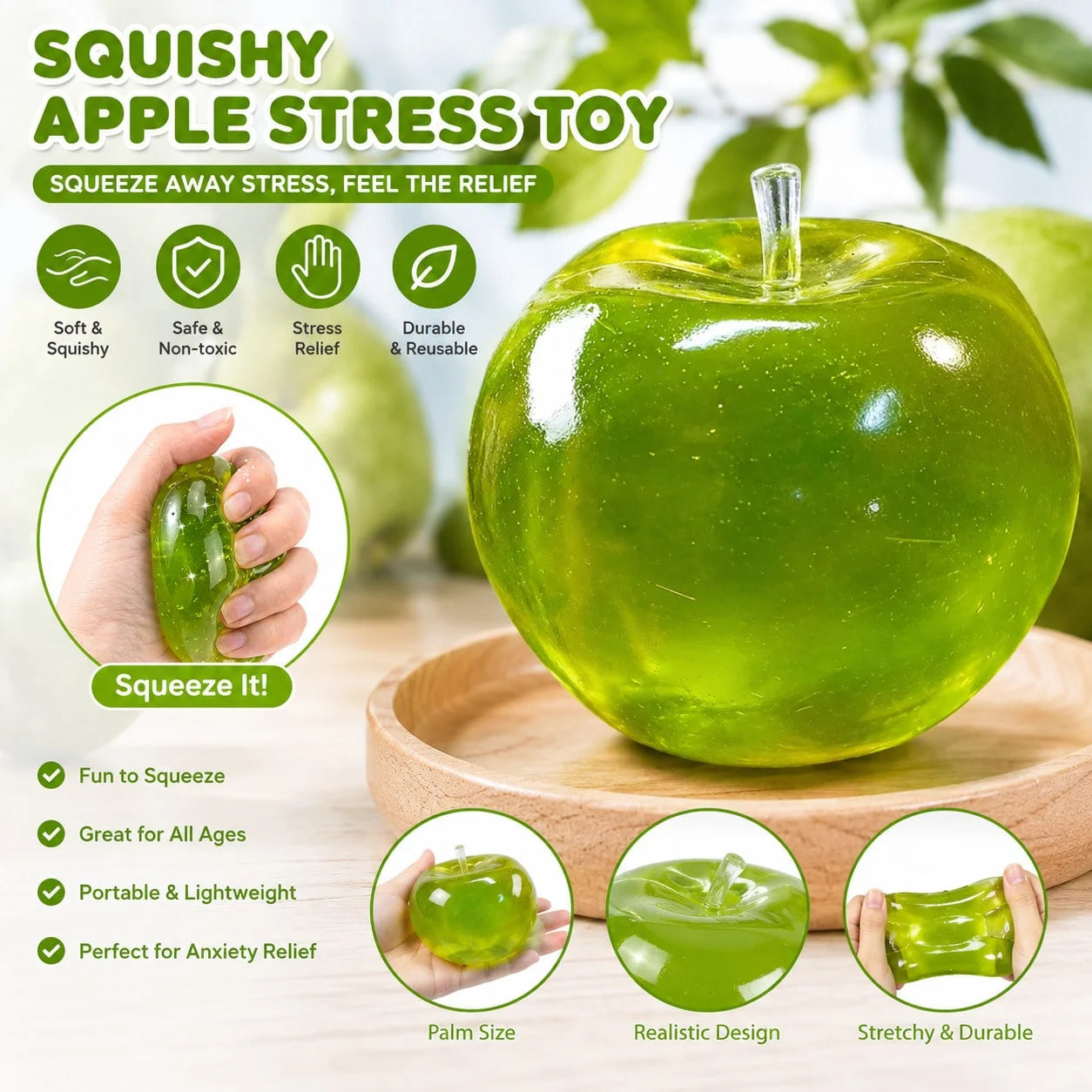 @Squishy Green Apple Stress Ball Soft Fidget Sensory Toy for ADHD Autism Slow Rebound Squeeze Toy for Adults Kids Christmas Gift