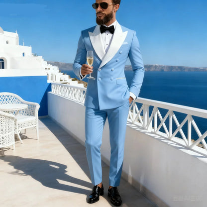 2-Piece Men's Casual Smolking Set with White Lapel Blazer And Black Pants Wedding Groomsmen Suit for Ceremony And Festa