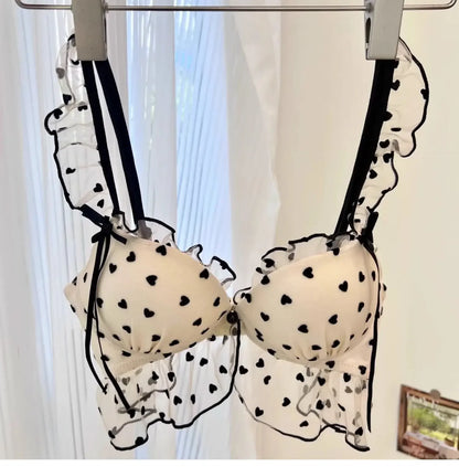 BANERDANNI Simple Light Luxury Love Printed Lace Underwear Set Women's Small Breasts Gather Sexy Pure Desire Sweet Bra Cute Bra